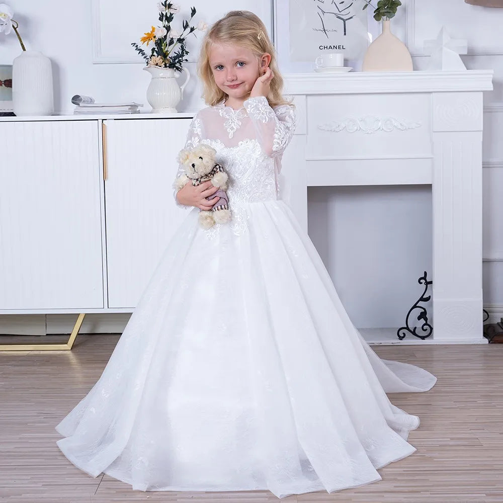 A Line Girl Lace Appliques Princess Wedding Party Flower Girls Dresses Vintage Gown With Bow Kids First Communion Ball Gown