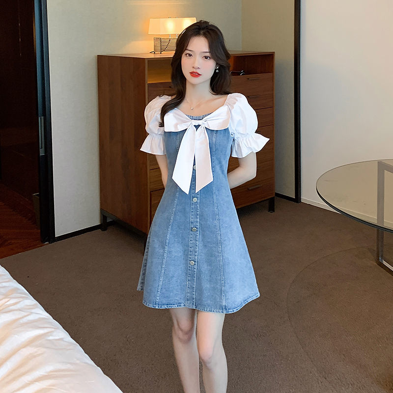 Jielur Korean Dress for Women Fashion Square Collar Puff Sleeve Sweet Bow Robe Femme Patchwork Tunic Denim Dress