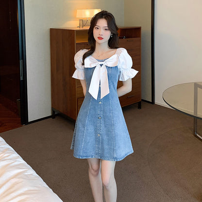 Jielur Korean Dress for Women Fashion Square Collar Puff Sleeve Sweet Bow Robe Femme Patchwork Tunic Denim Dress