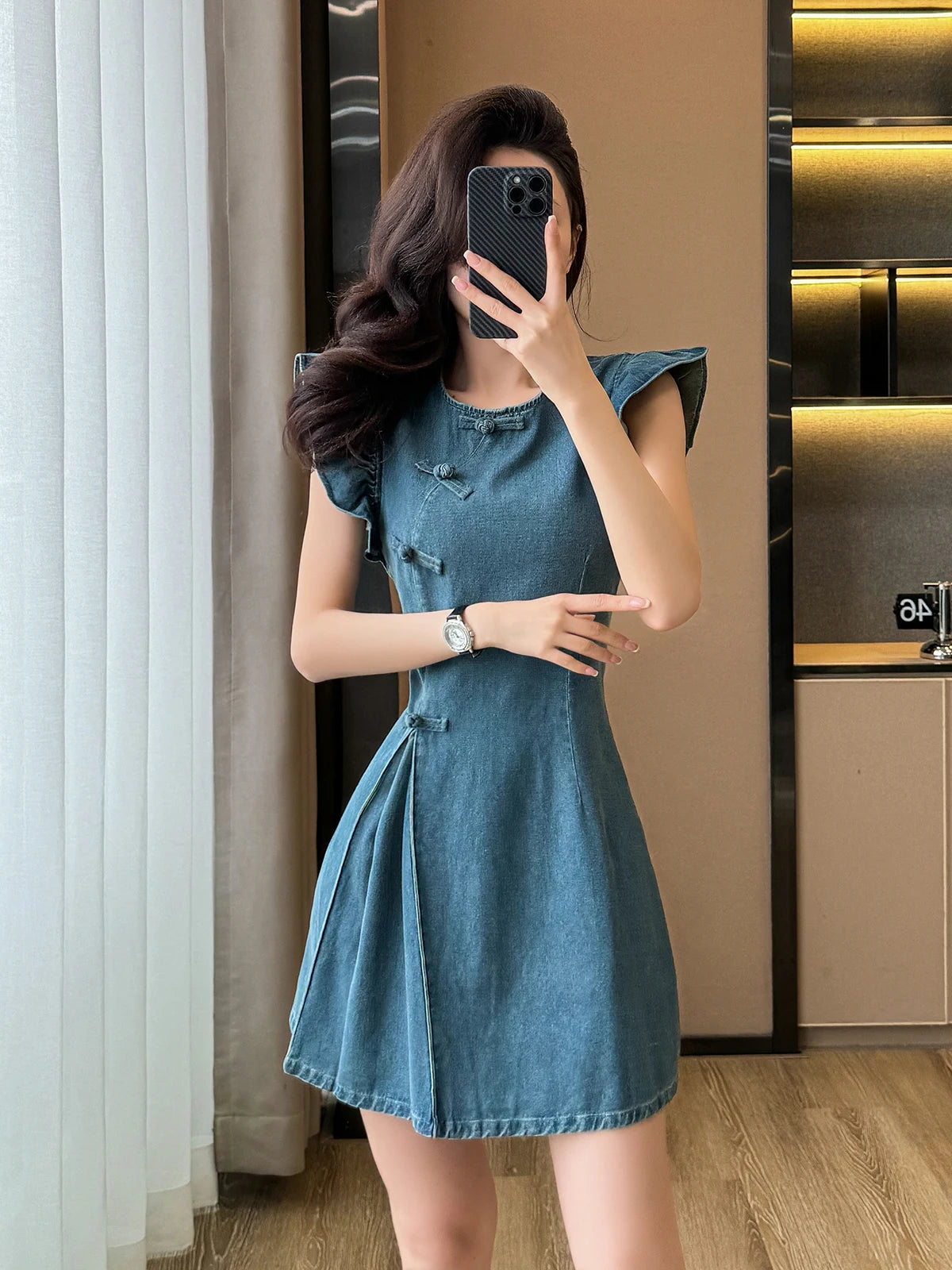 Women's ort Denim Dr A-Line Waist Cinching round Ne Button Sle High Waist Slimming Spring Summer Cotton Blend