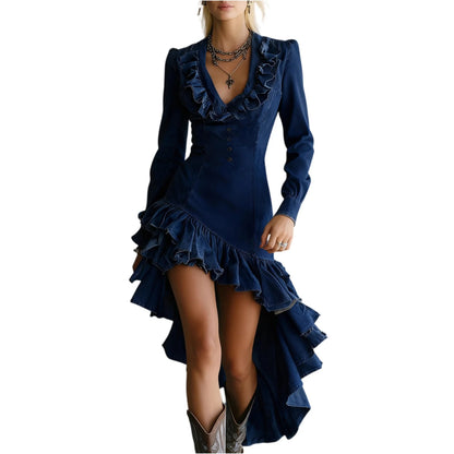 Retro Western Countryside Style Dress Ruffle Lace Collar Irregular Hem Dress Winter Women'S Fashionable Dress