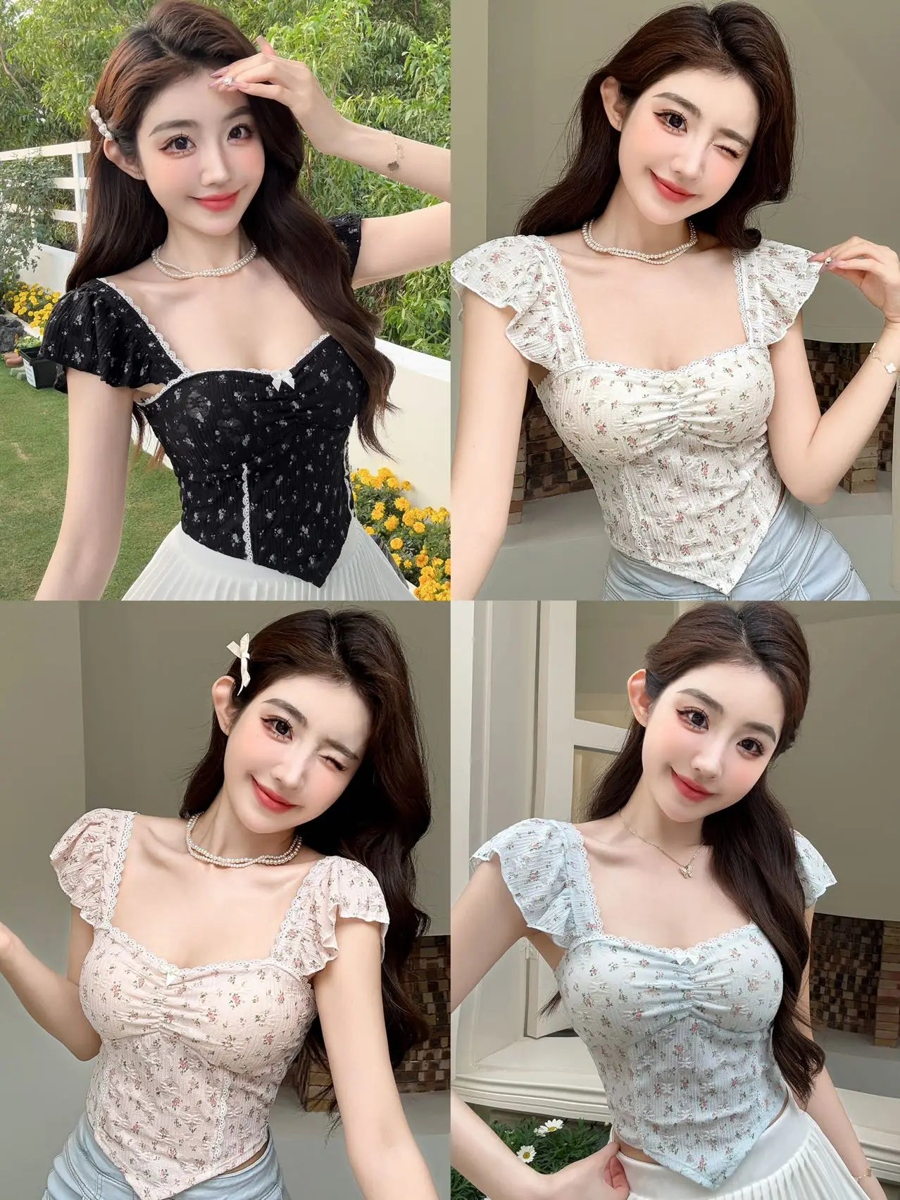 Summer New Pure Desire Sweet Floral Print off oulder Crop Top Slimming  with Chest Pad Versatile Women's Vest