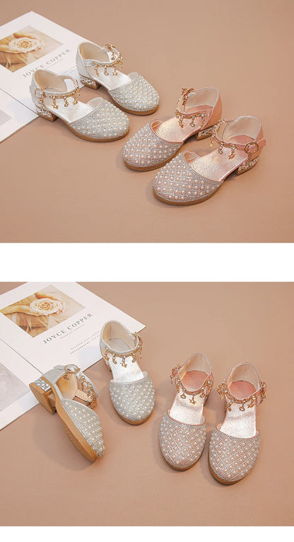 Girls High Heeled Shoes for Wedding Party Glitter Rhinestone Pendants Shiny Glitter Fashion Princess Kids Leather Dress Shoes