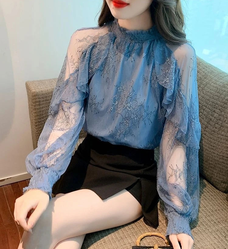 Chiffon Women's Shirt and Blouse Lace Flowers Luxury Designer Youthful Woman Clothes Vintage Clothing Female Tops Trend 2025 New