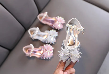 Girls Sandals Princess Single Shoes Rhinestone Butterfly Dance Kids Shoes Glitter Leather Party Dress Wedding Shoes E615