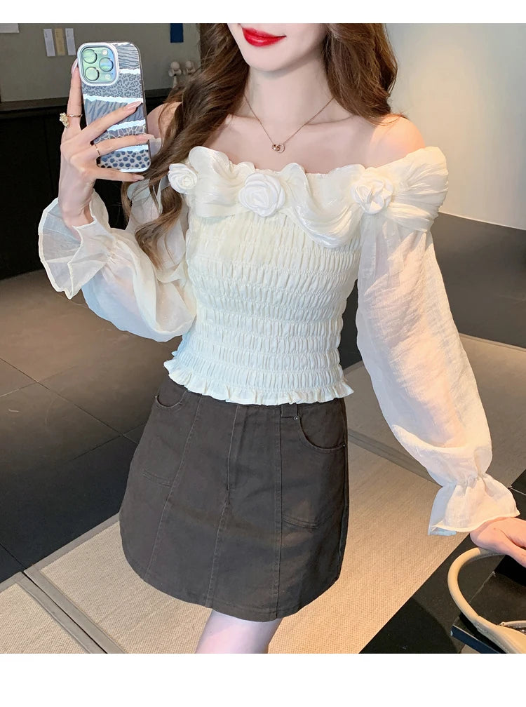 Sweet oulder One-oulder 3D Flower Bell Sve Women's irt Spring New Sle Waist Cinching Beautiful Top Ci Walk ort...