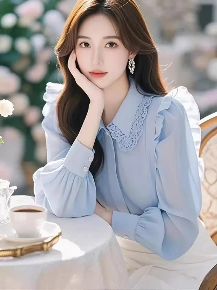 Blue Long Sve irt Women's Faionable Beautiful Top Small Flng Sve Design Spring Sli Good Looking Ele Garment