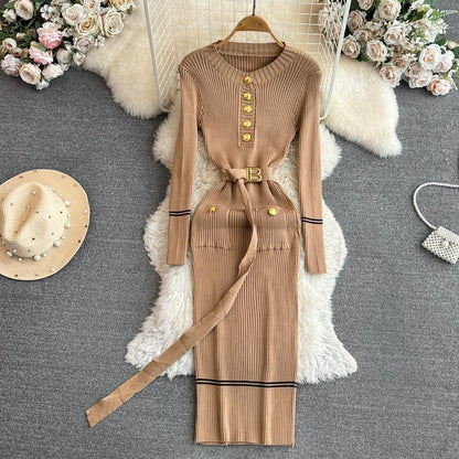 Women Dress 2025 Autumn Winter Elegant Rib Knit Long Pencil Dress with Belt Office Lady Bodycon Sweater Dress Vestidos