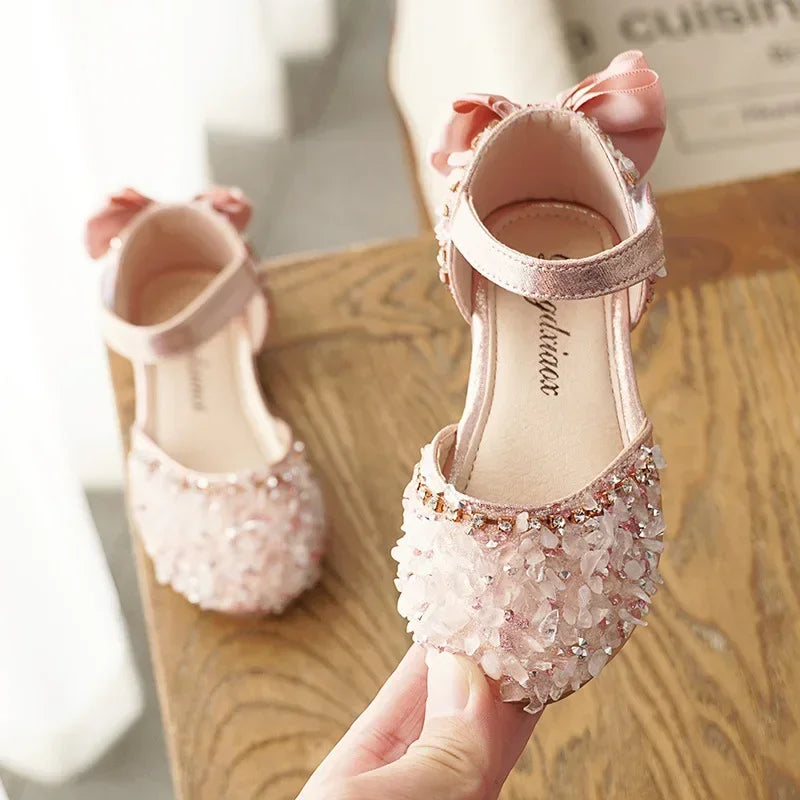 Girls' Sweet Leather Shoes with Back Knot Soft Sole Half Sandals Crystal 2025 Summer New Kids Princess Shoes for Party Wedding