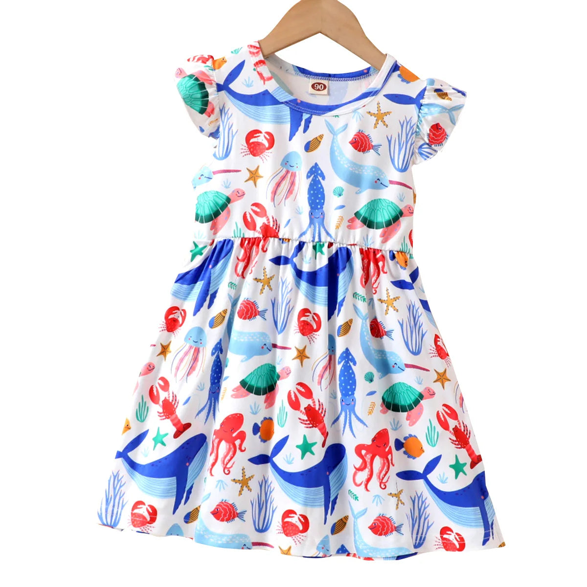Summer Cute Girl Dresses Cartoon Pattern Flying Sleeve Kids Girls Party Dresses 2 To 8 Years Kids Casual Clothes