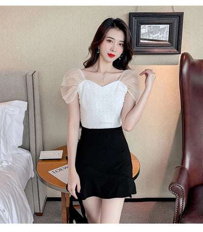 Summer Mesh Spliced Women Puff Sleeve Square Neck T Shirts Lady French Fashion Elegant Sweet Slim Fit Clothing Tops Black White