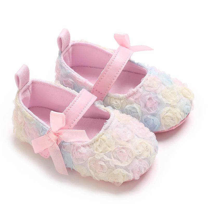 Cute Flower Baby Princess Shoes With Bow Decoration Soft Sole Comfortable Flat Shoes Suitable For 0-18M Infants And Toddlers
