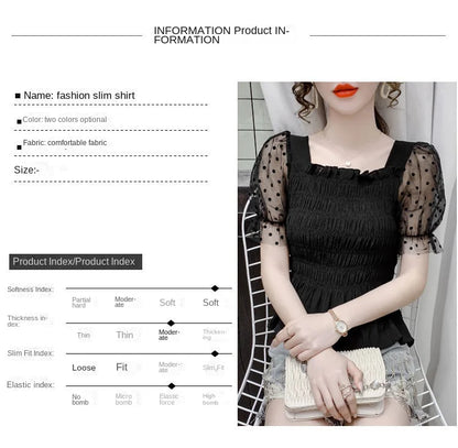 Summer patchwork mesh polka dot short sleeve chiffon blouse women's new stylish bubble sleeve top