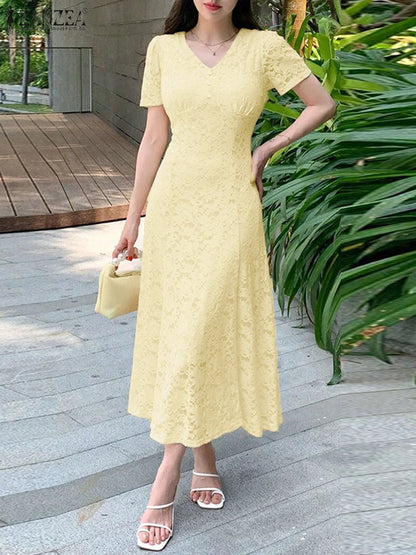 ZANZEA Women Summer Lace Patchwork Dresses 2026 Elegant Party Dress Stylish V Neck Short Sleeve Office Sundress A Line Midi Robe