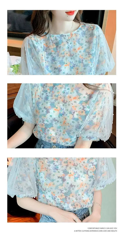 Floral Short-sleeved Chiffon Women's New Puff Sleeve Top Chic and Fashionable Shirt