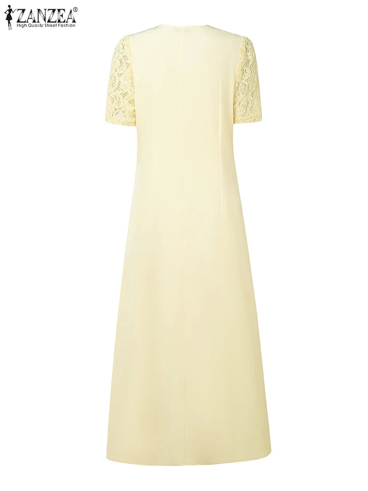 ZANZEA Women Summer Lace Patchwork Dresses 2026 Elegant Party Dress Stylish V Neck Short Sleeve Office Sundress A Line Midi Robe