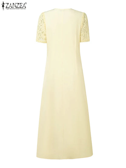ZANZEA Women Summer Lace Patchwork Dresses 2026 Elegant Party Dress Stylish V Neck Short Sleeve Office Sundress A Line Midi Robe
