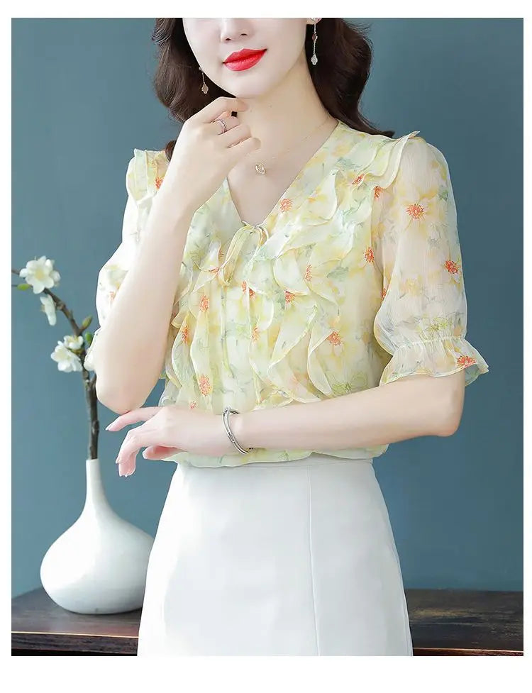 Fashion Printed Spliced Lace Up Bow Ruffles Floral Blouse Women's Clothing Summer New Casual Pullovers Loose Sweet Shirt