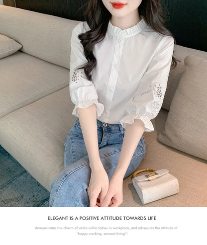 Ele Embroidered ort Sve irt Women's Summer New Design Korean Sle Commute Lantern Sve White irt for Ladies