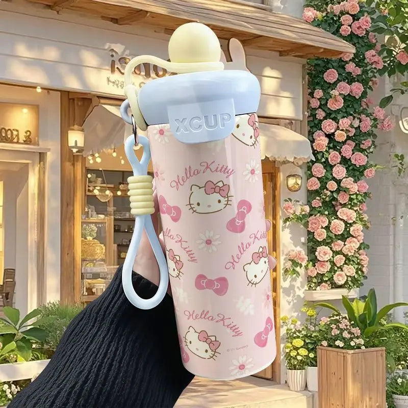 600ml Sanrio Hello Kitty Vacuum Thermos Cup SS316 Insulated Coffee Mug with Lifting Rope Portable Outdoor Drinking Water Kettle