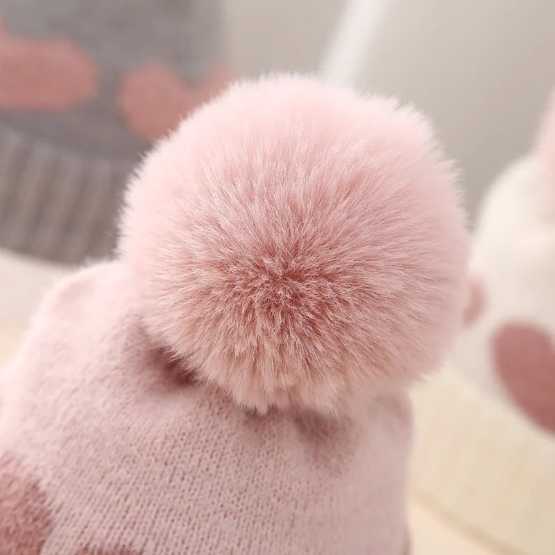 New Winter Baby Hat Double Layer Thickened Jacquard Love Heart Knitted Hat0-12Newborn Baby Knitted Hat