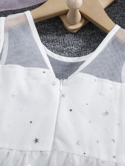 A cute and dreamy round-neck vest dress with star and moon sequin gradient print tulle for girls in summer