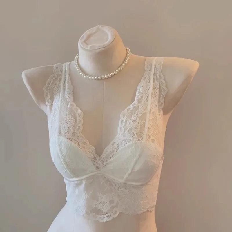 French Lace Lingerie Gathered No Steel Ring Bra Deep V Neck Sexy Wire Free Bras Underwear Tank Tops Padded Camisole Vest