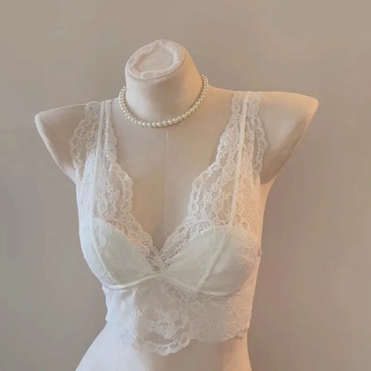 French Lace Lingerie Gathered No Steel Ring Bra Deep V Neck Sexy Wire Free Bras Underwear Tank Tops Padded Camisole Vest