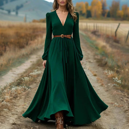 Women's Spring Autumn Retro Western Style V-neck Long Sleeve Dress Fashion Casual Long Dresses Elegant Party Dresses(no belt)