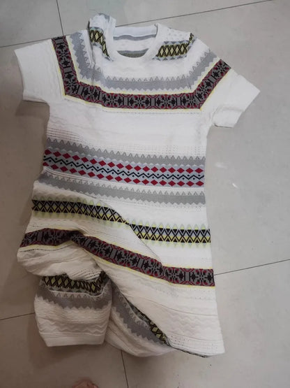 Women's Summer Knitted Dress 2025 Fashion Elegant Short Sleeve Striped Jacquard Dress W445