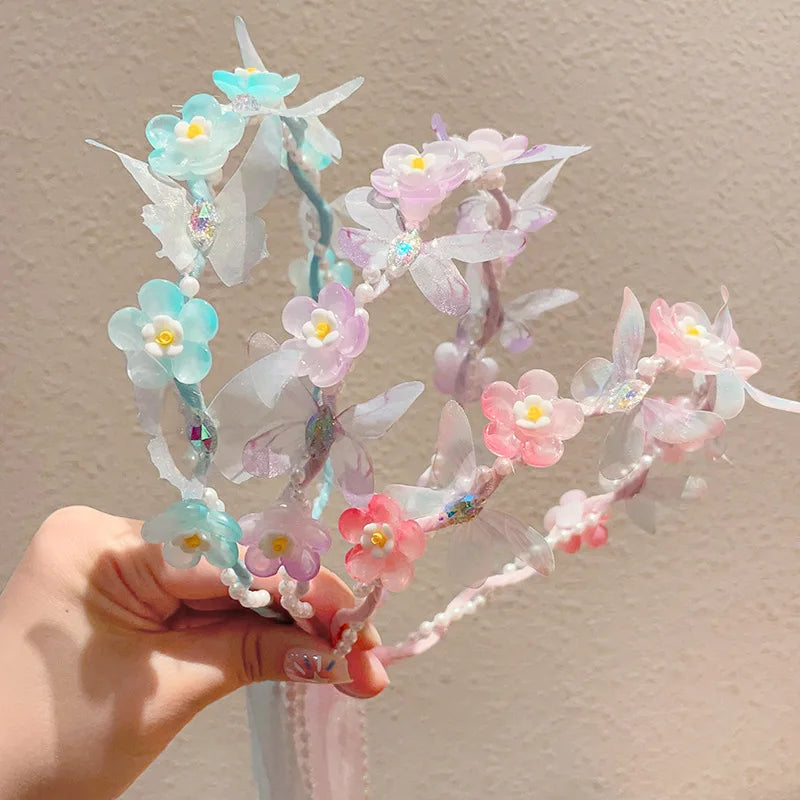 Sweet Wreath Ribbon Hair Hoops for Girl Cute Flower Butterfly Fairy Headdress Princess Braided Hair Bands