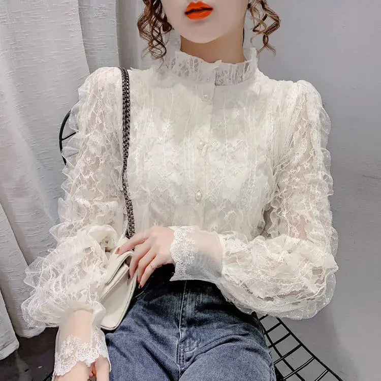 Blouse Women Shirt Lace Long Sleeve Women's Clothing Spring Lantern Sleeve Stand Collar Cardigan Top Blusas Mujer De Moda