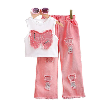 Unique Kid Set Summer Girl Sleeveless Applique Bow Camisole Top Ripped Denim Pants Two-Piece Children Suit Casual Comfortable