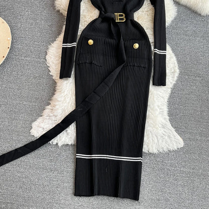 Women Dress 2025 Autumn Winter Elegant Rib Knit Long Pencil Dress with Belt Office Lady Bodycon Sweater Dress Vestidos