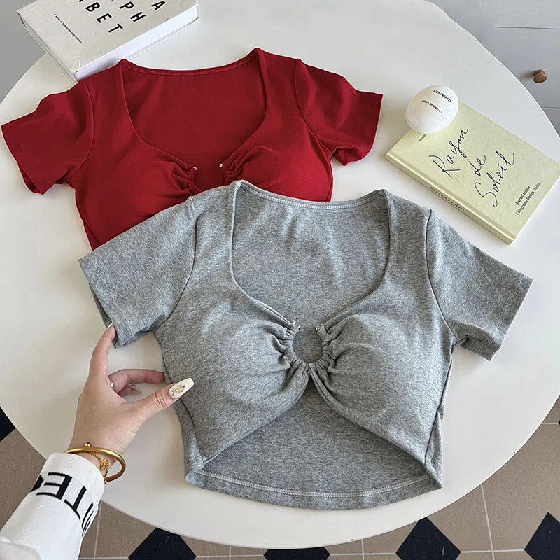 Xingqing Summer Crop Tops y2k Women Sexy Clothes Solid Color Metal Ring Short Sleeve Padded T Shirts 2000s Clothing Streetwear