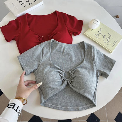 Xingqing Summer Crop Tops y2k Women Sexy Clothes Solid Color Metal Ring Short Sleeve Padded T Shirts 2000s Clothing Streetwear