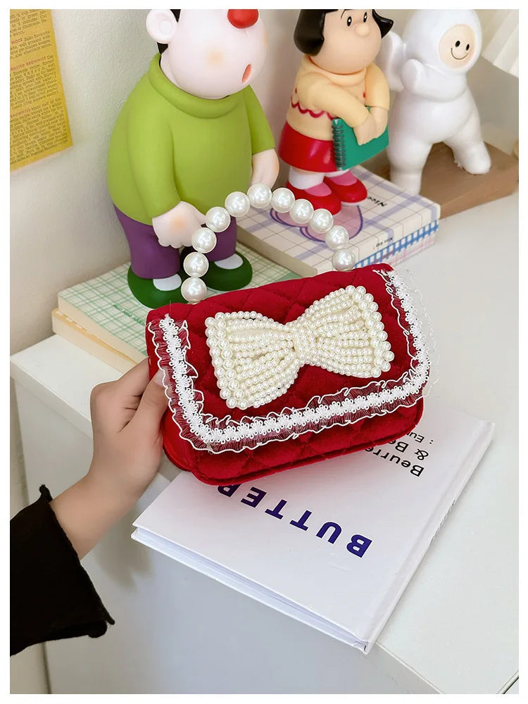 Sweet Bow Children's Small Square Shoulder Bag Sequin Lace Princess Girls Crossbody Bags Pearl Handle Coin Purse Handbags Gifts