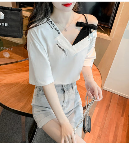 Unique Design oulder Bared ort Sve V-Ne Loose T-irt for Women  Knot Print Splice Asymmetrical Korean Sle