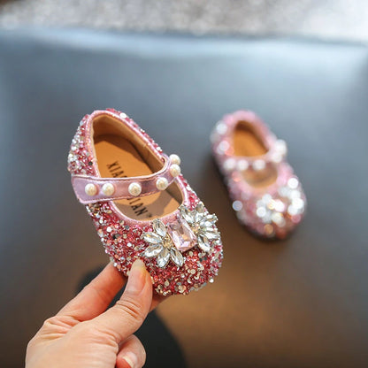 Toddler Kids Princess Shoes Shiny Crystal Girls Flats Sweet Glitter 2025 New Fashion Baby Walking Shoes Soft Bottom Non-slip
