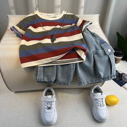 Korean Children's Summer Clothes Kids Set Outfits Boys 2025 Handsome Sleeveless&Short Sleeved T-shirt Denim Shorts 2-piece Set