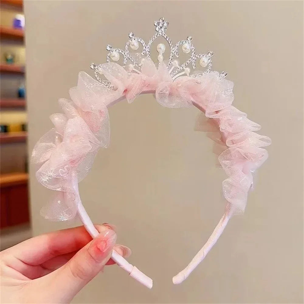 Sweet Princess Headband for Girl Mesh Pearl Crown Hair Hoop for Children Birthday Party Headwear