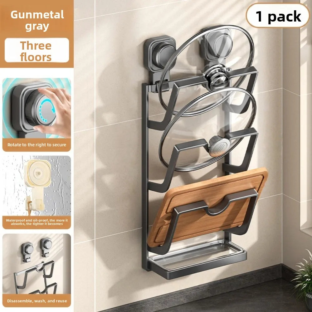2Layers/3Layers Suction Cup Pot Lid Rack Cookware Storage Carbon Steel Pot Lids Holder Shelf Wall Mounted Space Saving