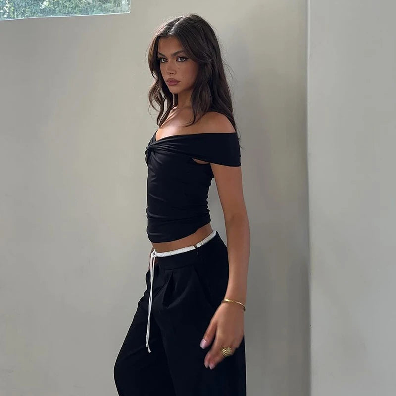 Faionable Pure Color Knot Fold over One oulder ort Crop Top T-irt Street Sle Slim Fit Polyester Summer New Arrival