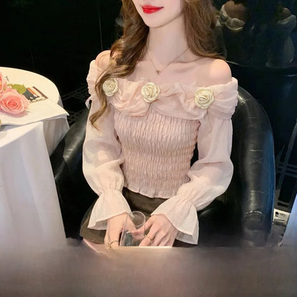 Sweet oulder One-oulder 3D Flower Bell Sve Women's irt Spring New Sle Waist Cinching Beautiful Top Ci Walk ort...