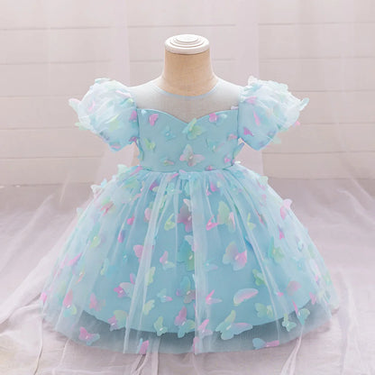 Toddler Girl Party Dress Colorful Gradient 3D Butterfly Prom Gown Girl Bow Lace Birthday Wedding Princess Summer Dresses Evening