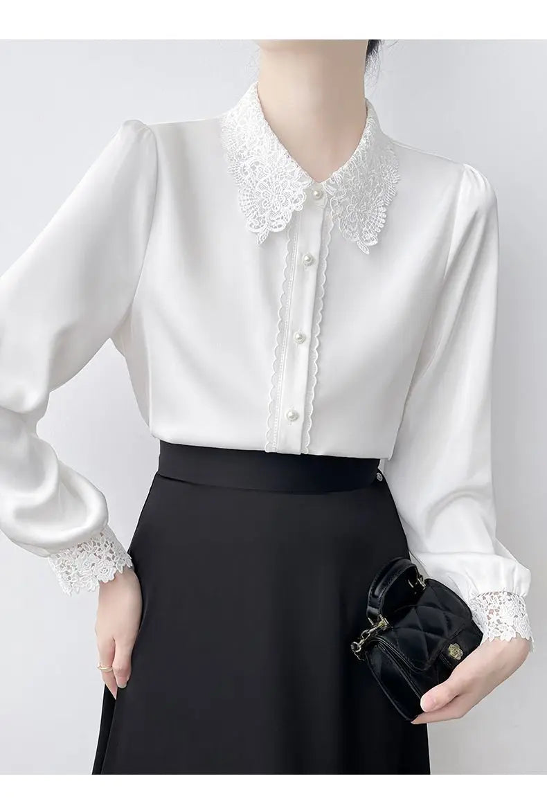 Lapel Lace Hollow Stitching Top Satin Shirt Women's Long-sleeved Temperament Autumn