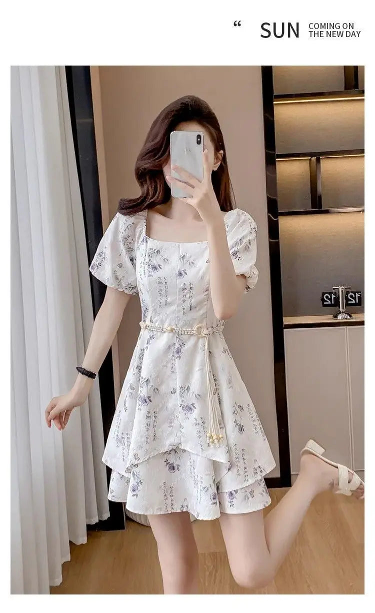 Summer New Chinese Sle Square Collar Bubble ort Sve Retro Waist Cinched A-Line  Dr Women's Faion Sweet Princ