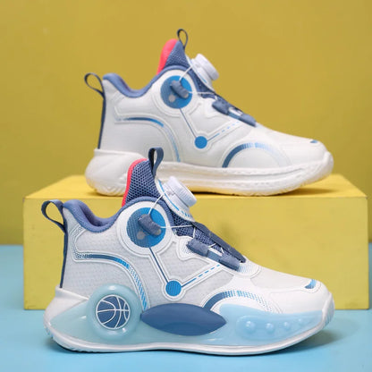 Children Basketball Shoes Boys Sports Comfortable Non Slip Flat Fitness Shoes  New Rotating Button Sports Sneakers for Kids