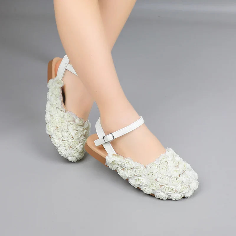 Girls Half Sandals Kids Princess Flowers Dress Shoes Fashion Simple Summer Children Flat Mary Janes Shoes for Party Wedding