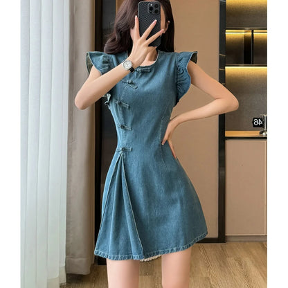 Women's ort Denim Dr A-Line Waist Cinching round Ne Button Sle High Waist Slimming Spring Summer Cotton Blend